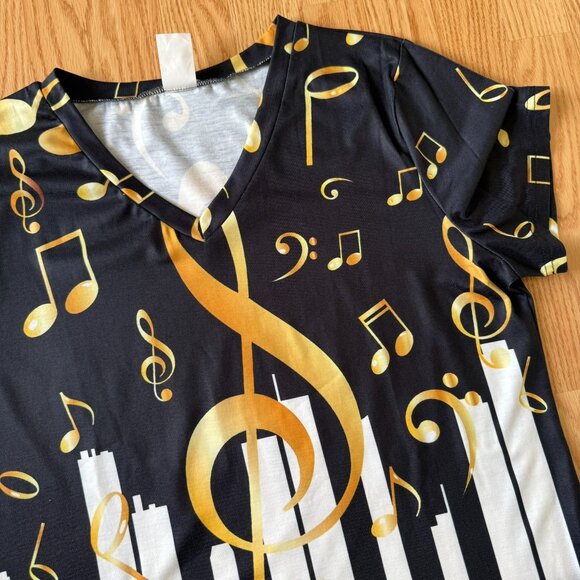Womens Piano Keys Music Notes Graphic Tee Size XXL Black Gold V Neck Shirt Singe - Picture 2 of 8